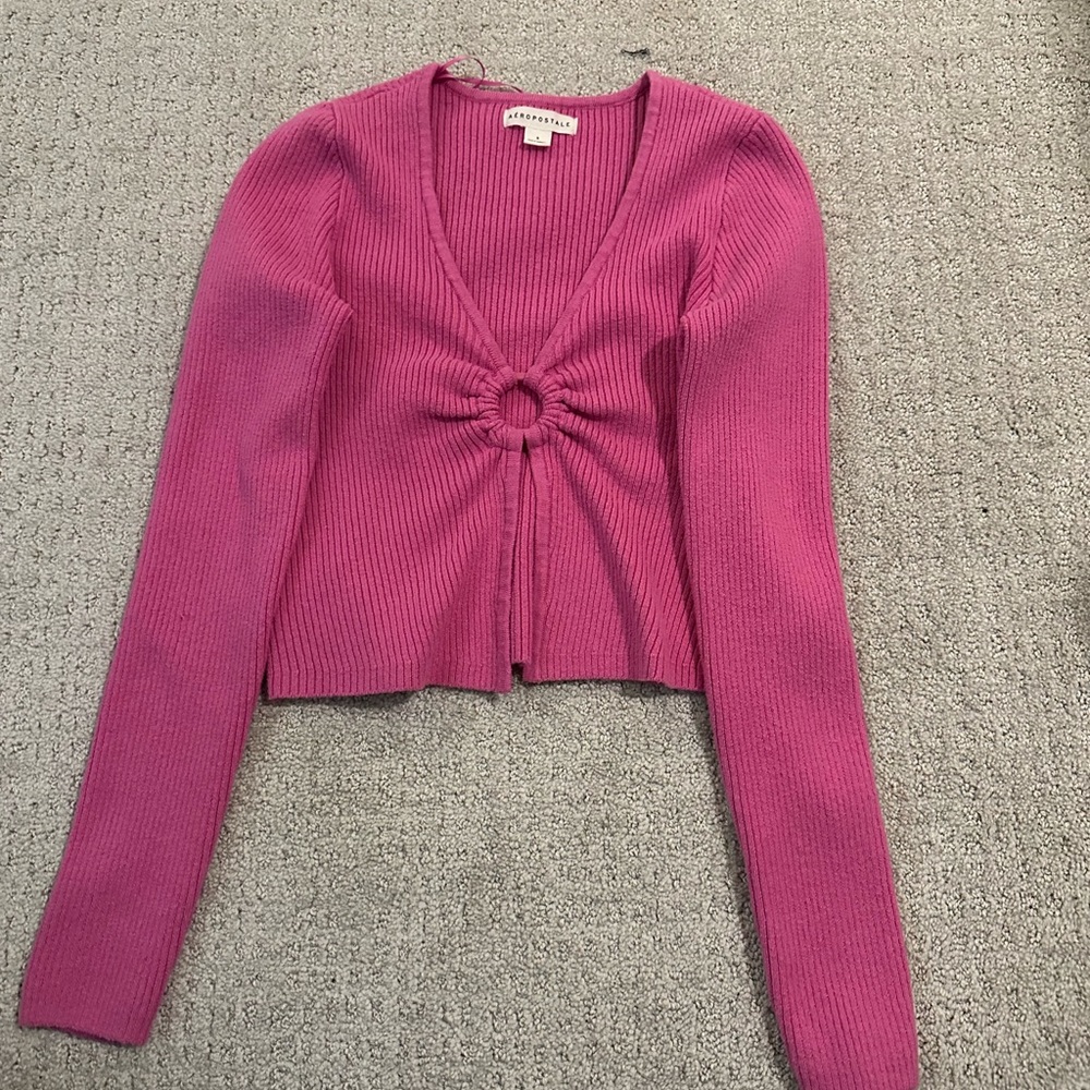 Aeropostale Pink Ring-Front Ribbed V-Neck Sweater